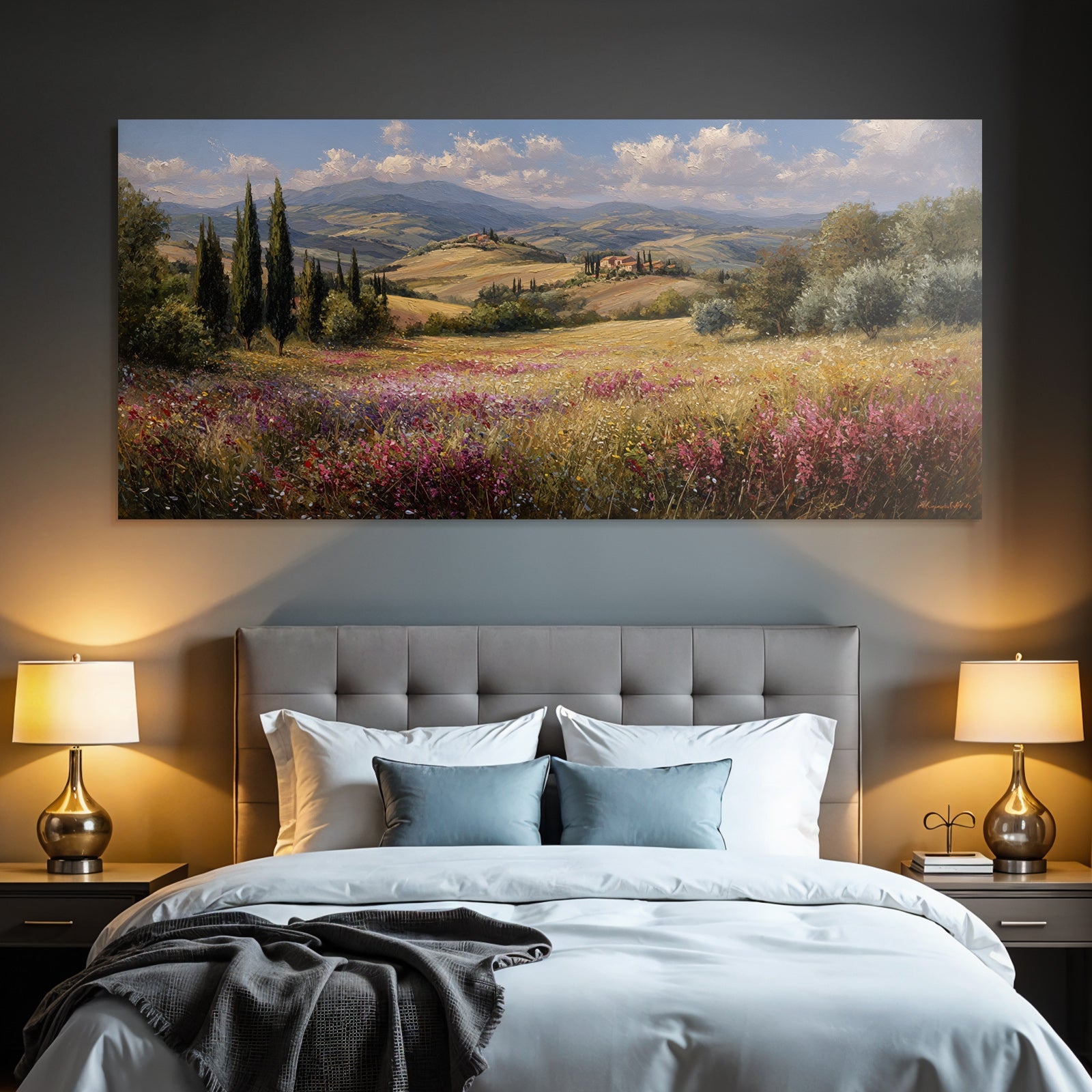 Toskanische Landschaft Mit Wildblumen Und Cypressen Häusern