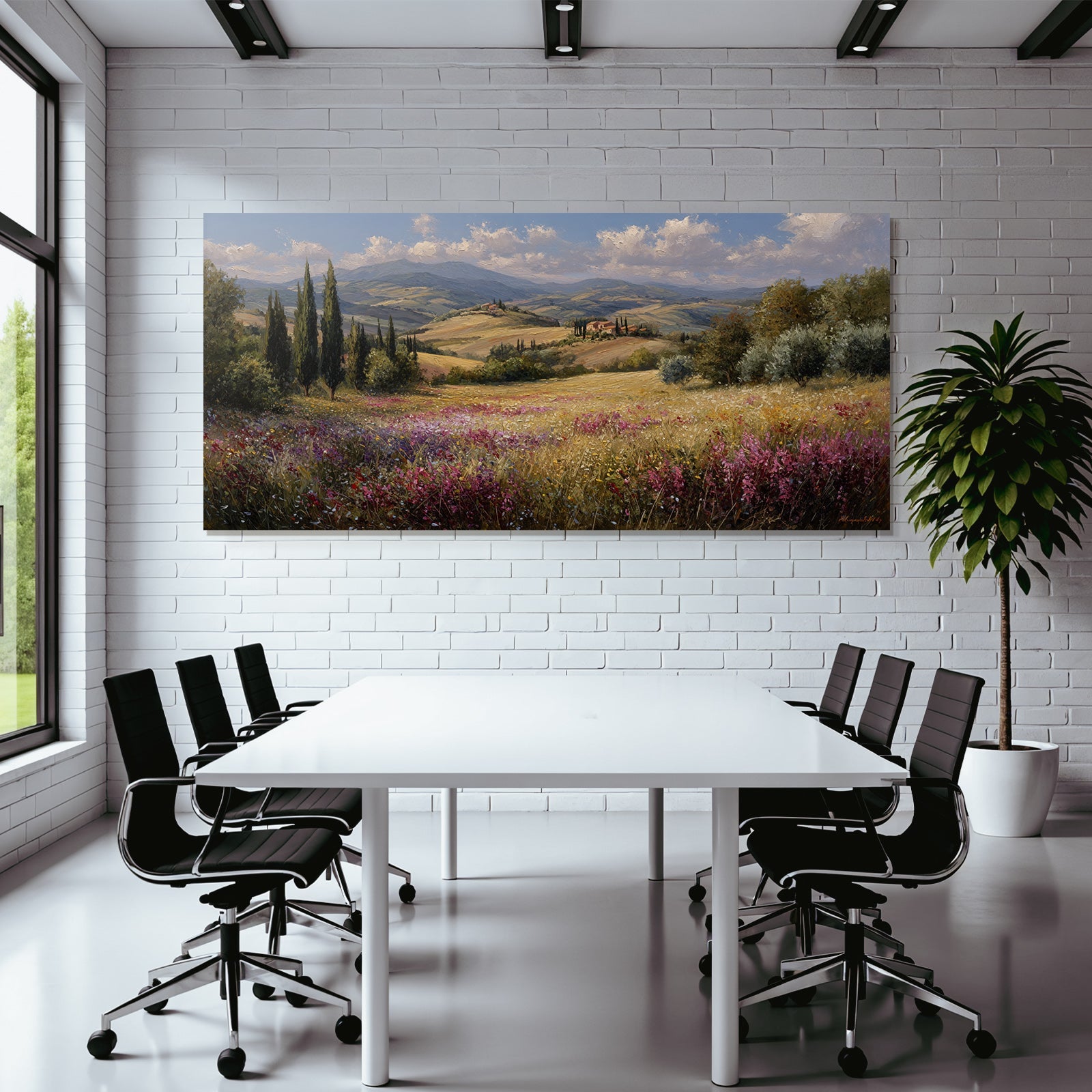 Toskanische Landschaft Mit Wildblumen Und Cypressen Häusern