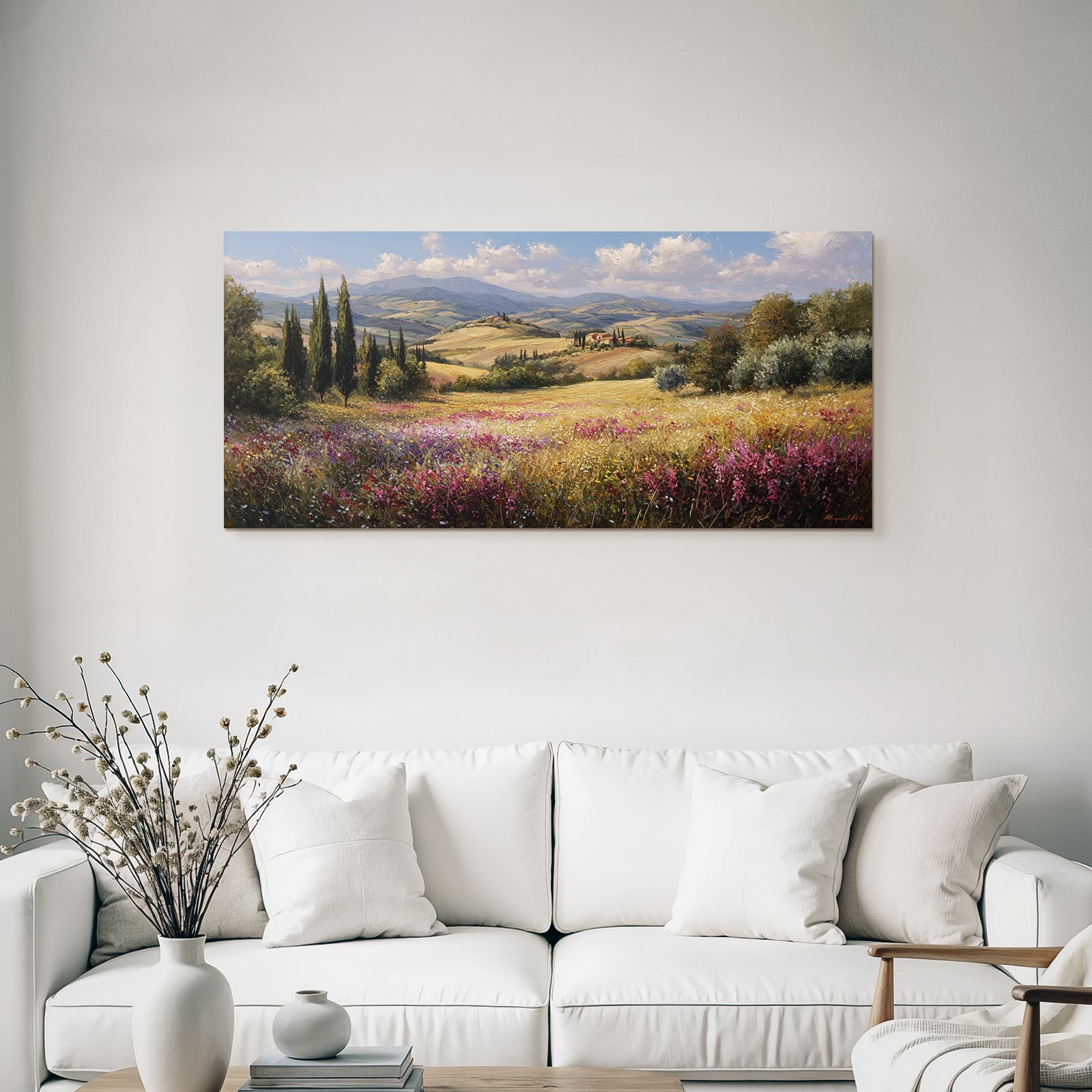 Toskanische Landschaft Mit Wildblumen Und Cypressen Häusern