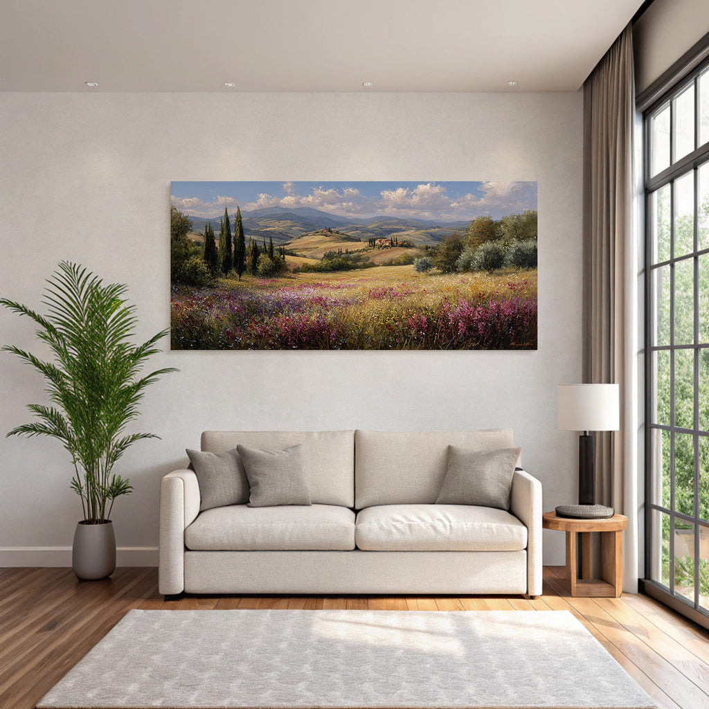 Toskanische Landschaft Mit Wildblumen Und Cypressen Häusern