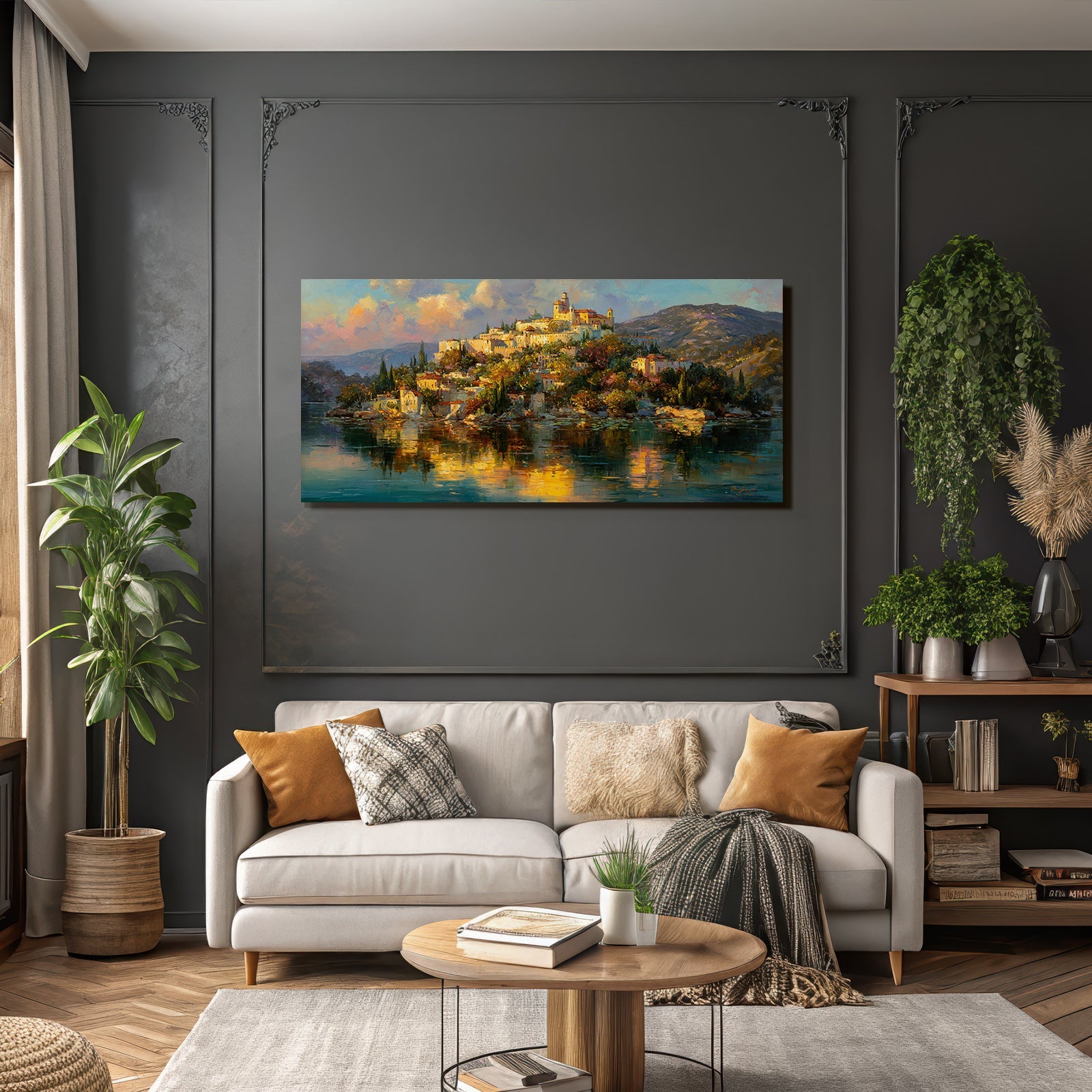 Vibrante Farbenfrohe Landschaft Mit Dorf Auf Einer Insel