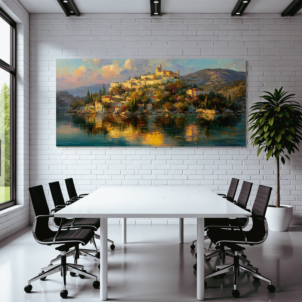 Vibrante Farbenfrohe Landschaft Mit Dorf Auf Einer Insel
