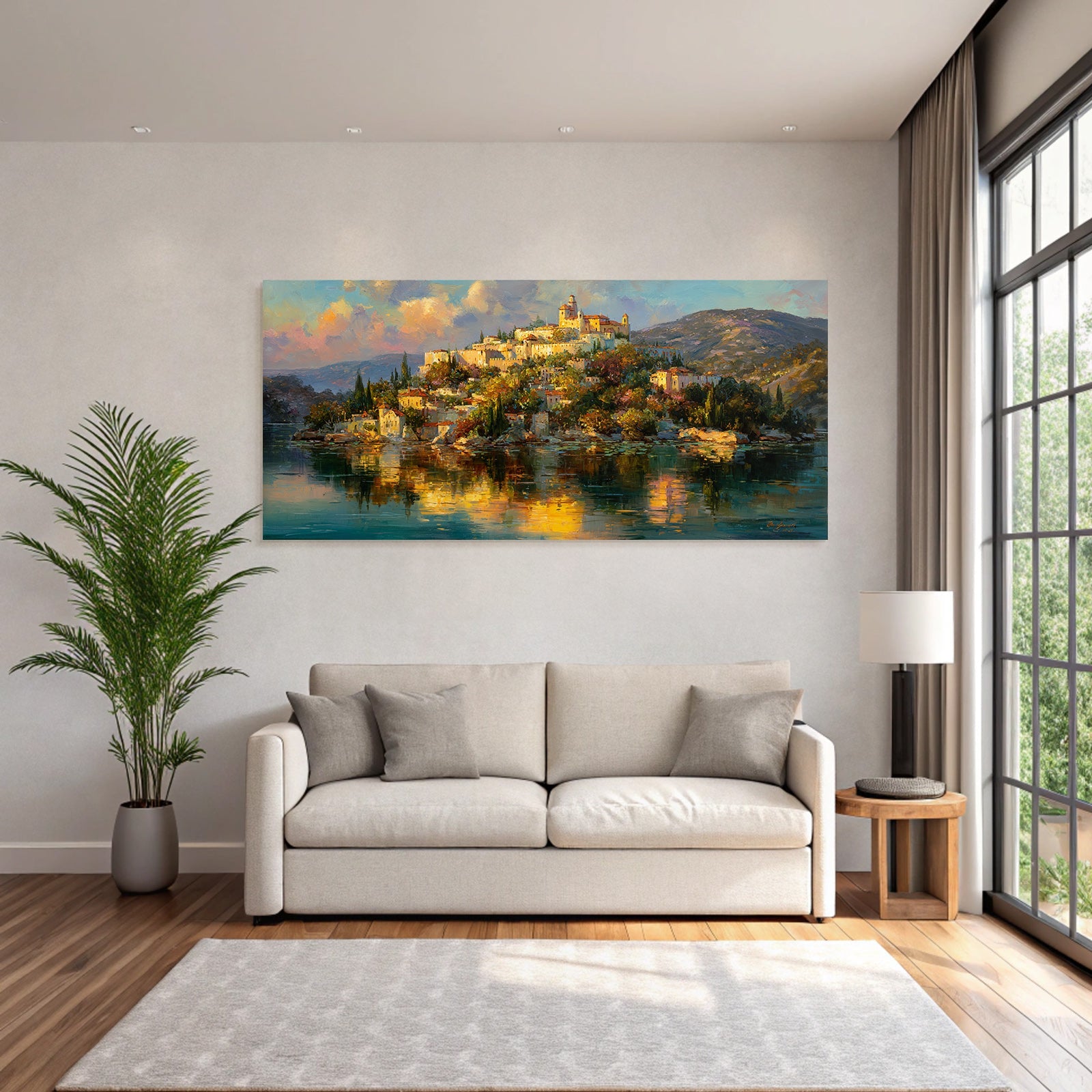 Vibrante Farbenfrohe Landschaft Mit Dorf Auf Einer Insel