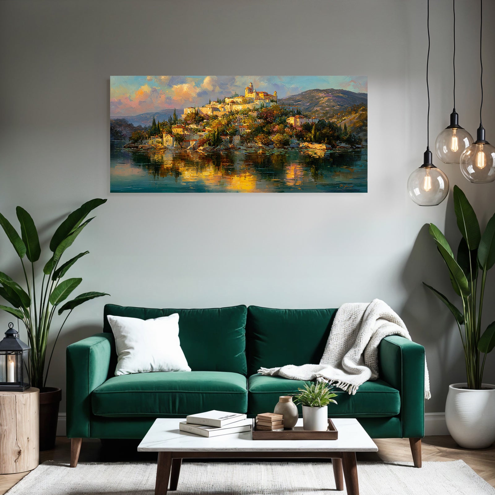 Vibrante Farbenfrohe Landschaft Mit Dorf Auf Einer Insel
