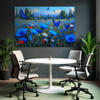 Vibrante Farbige Landschaft Mit Blaün Blumen Und Butterflies