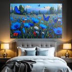 Vibrante Farbige Landschaft Mit Blaün Blumen Und Butterflies