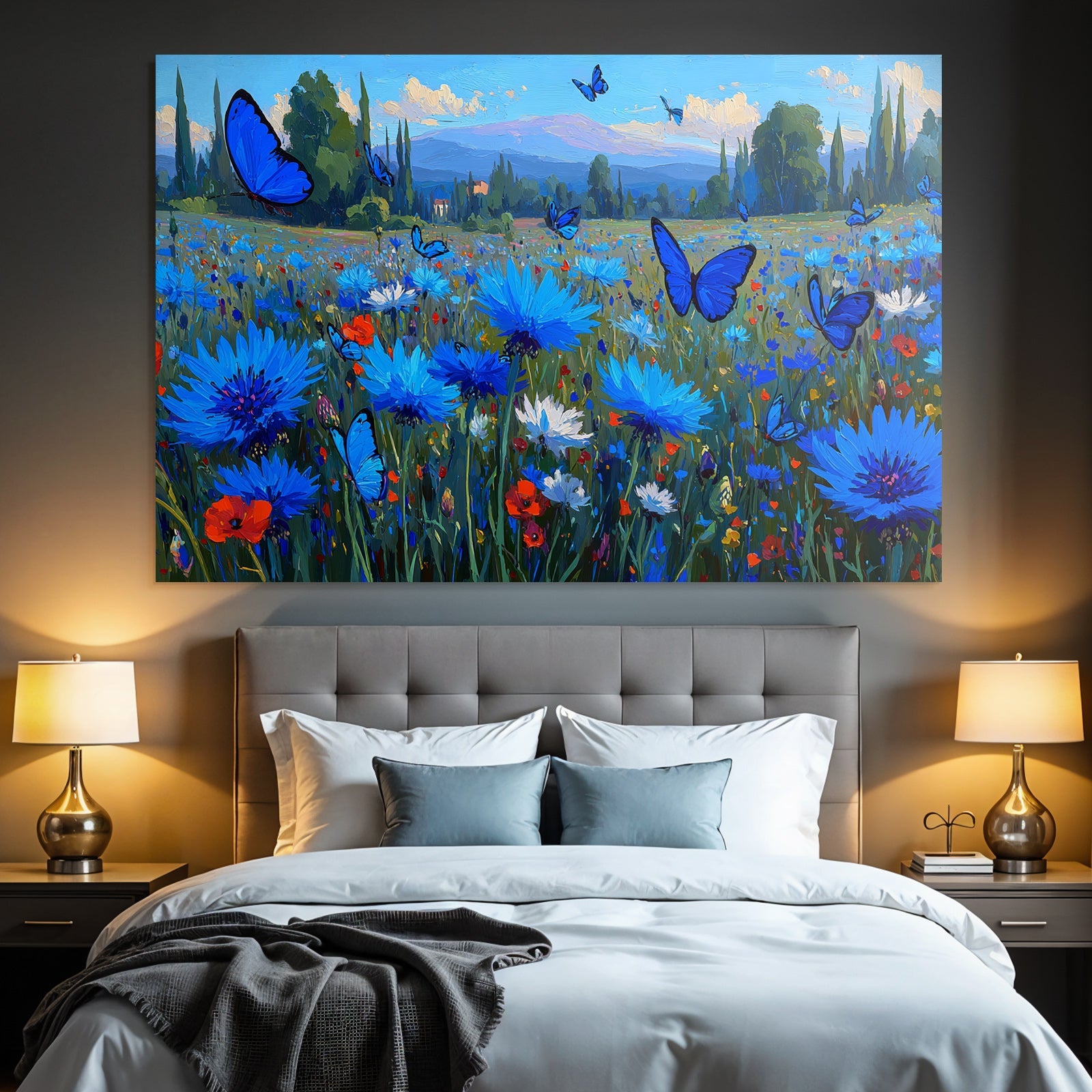 Vibrante Farbige Landschaft Mit Blaün Blumen Und Butterflies