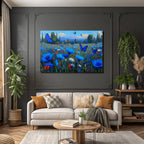 Vibrante Farbige Landschaft Mit Blaün Blumen Und Butterflies