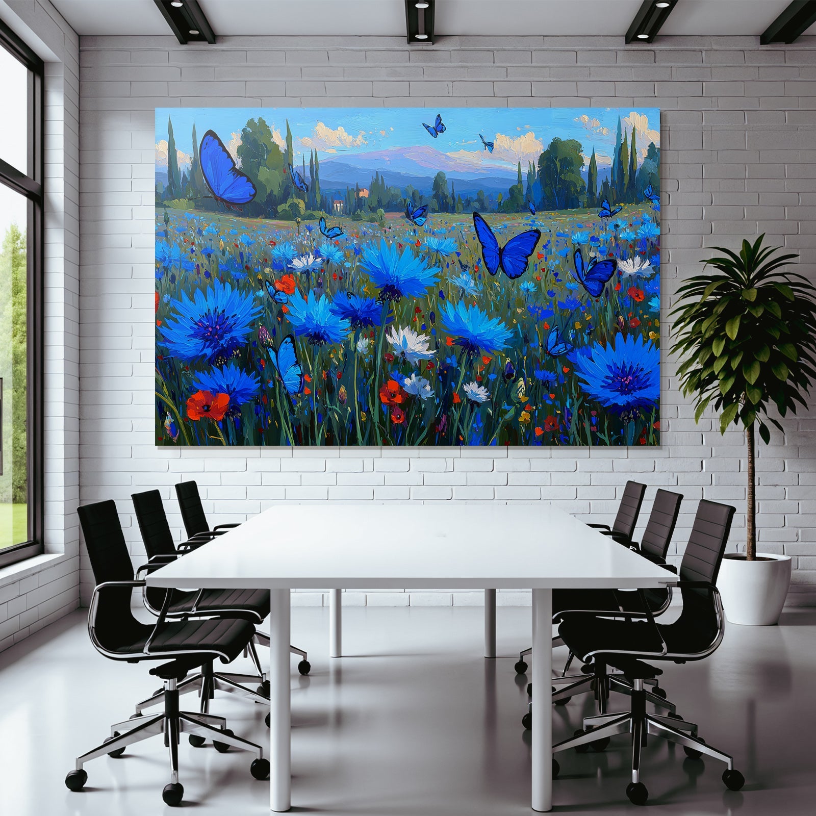 Vibrante Farbige Landschaft Mit Blaün Blumen Und Butterflies
