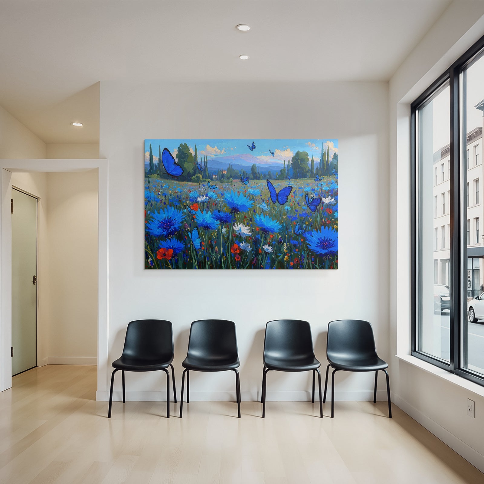 Vibrante Farbige Landschaft Mit Blaün Blumen Und Butterflies