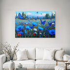 Vibrante Farbige Landschaft Mit Blaün Blumen Und Butterflies