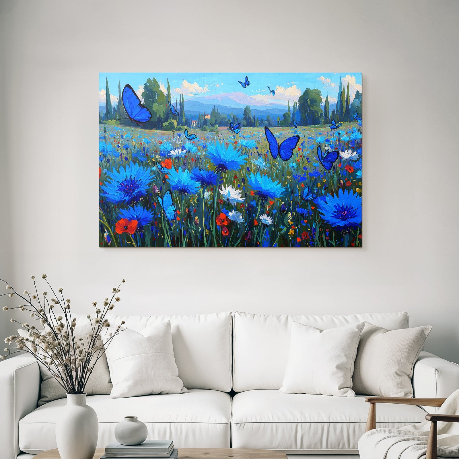 Vibrante Farbige Landschaft Mit Blaün Blumen Und Butterflies