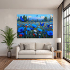 Vibrante Farbige Landschaft Mit Blaün Blumen Und Butterflies