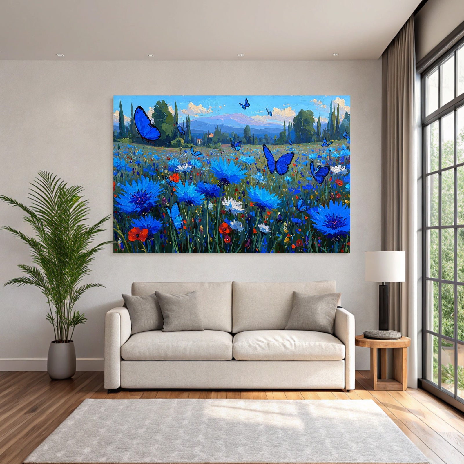 Vibrante Farbige Landschaft Mit Blaün Blumen Und Butterflies