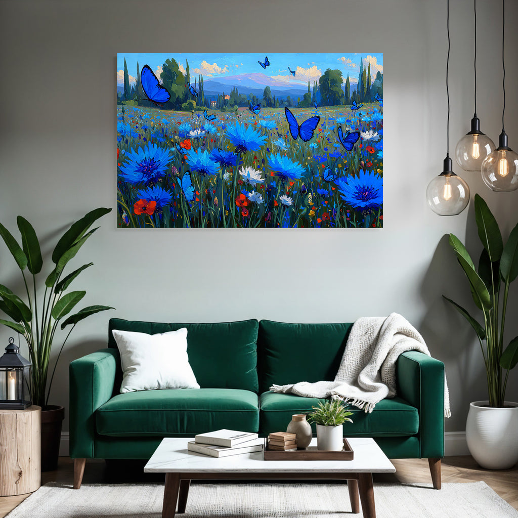 Vibrante Farbige Landschaft Mit Blaün Blumen Und Butterflies