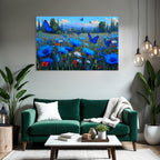 Vibrante Farbige Landschaft Mit Blaün Blumen Und Butterflies