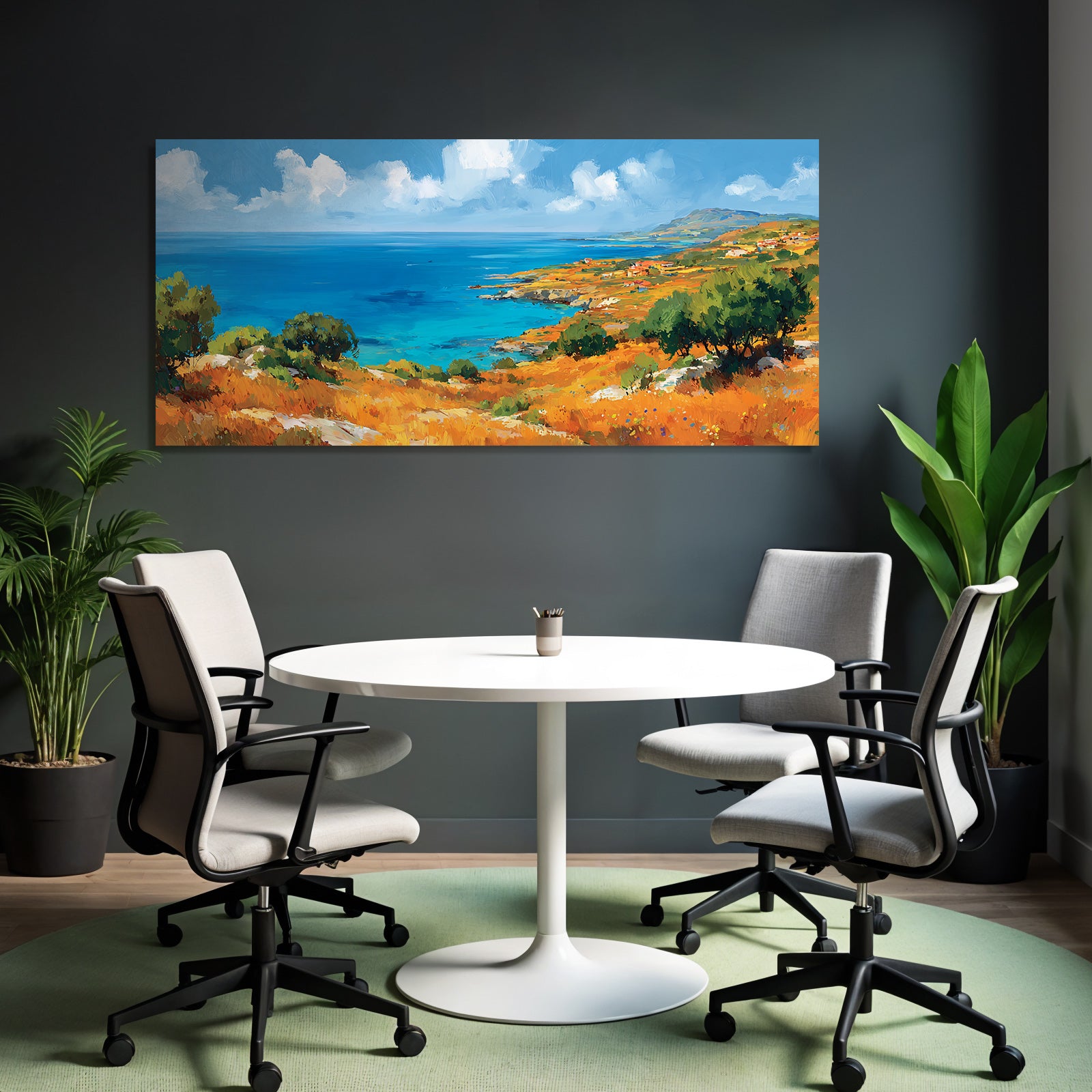 Vibrante Impressionistische Küstenlandschaft Mit Grünem Horizont Und Blaüm Meer