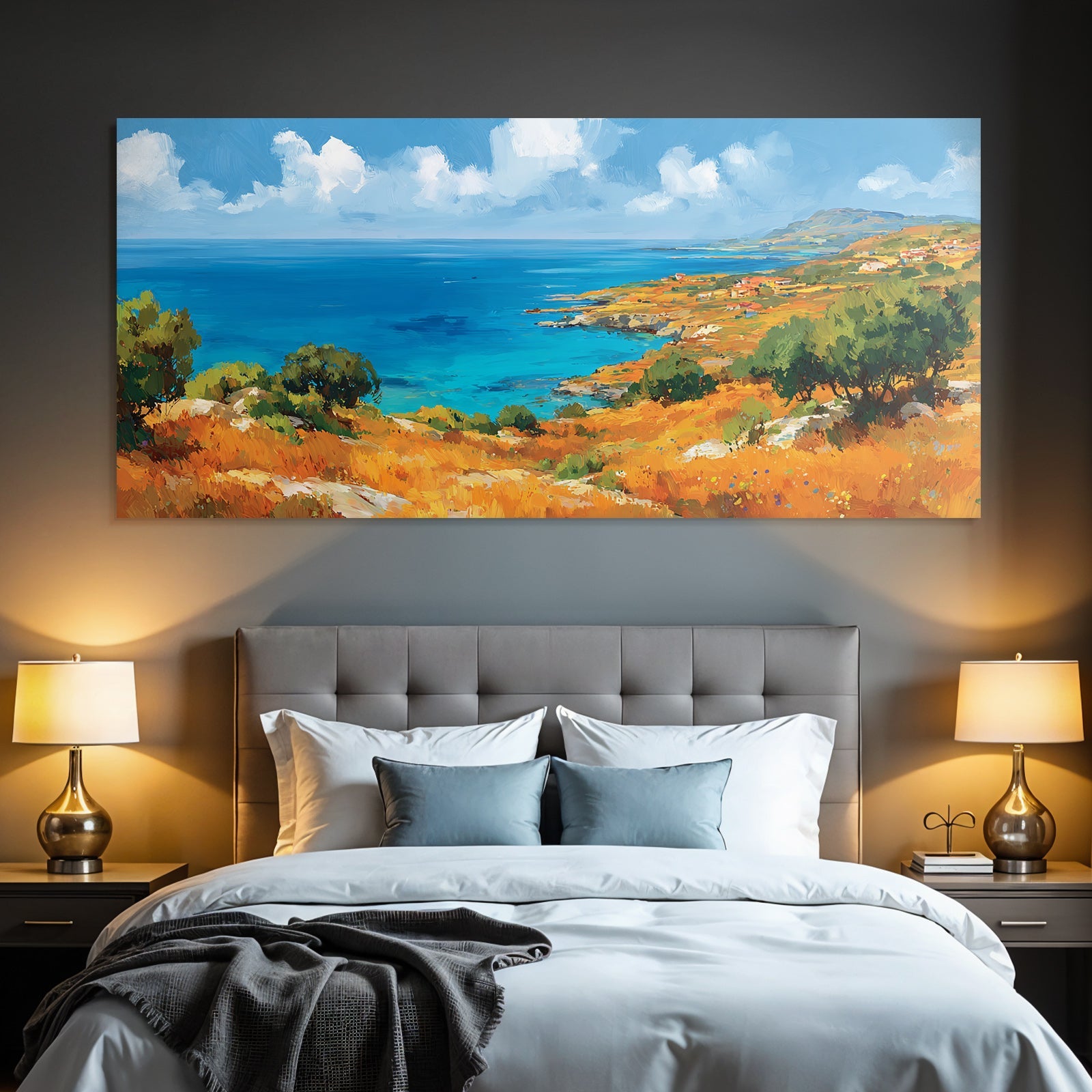 Vibrante Impressionistische Küstenlandschaft Mit Grünem Horizont Und Blaüm Meer