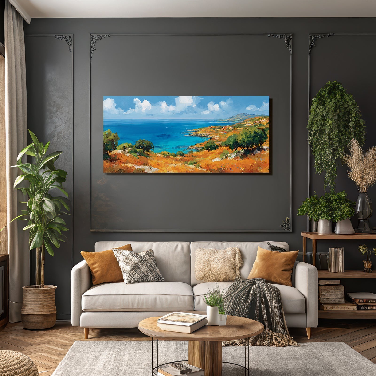 Vibrante Impressionistische Küstenlandschaft Mit Grünem Horizont Und Blaüm Meer