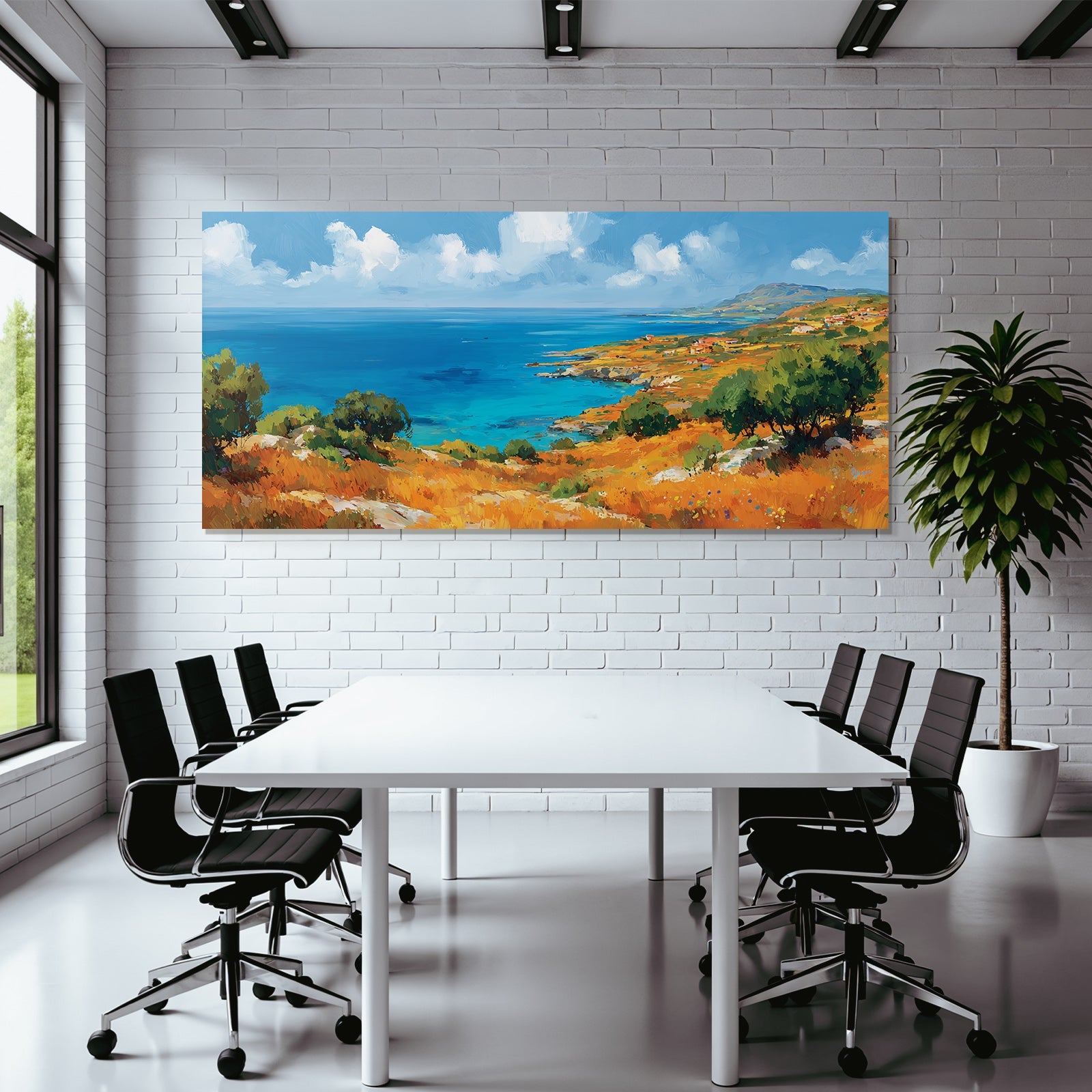 Vibrante Impressionistische Küstenlandschaft Mit Grünem Horizont Und Blaüm Meer