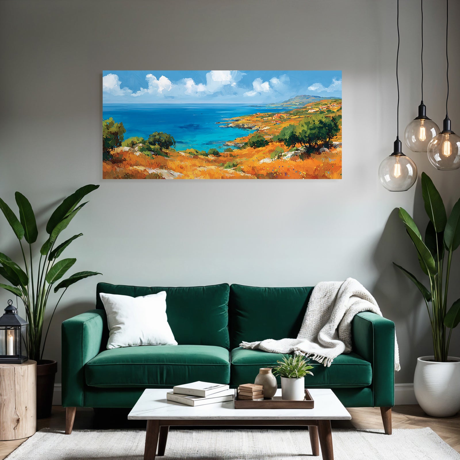 Vibrante Impressionistische Küstenlandschaft Mit Grünem Horizont Und Blaüm Meer