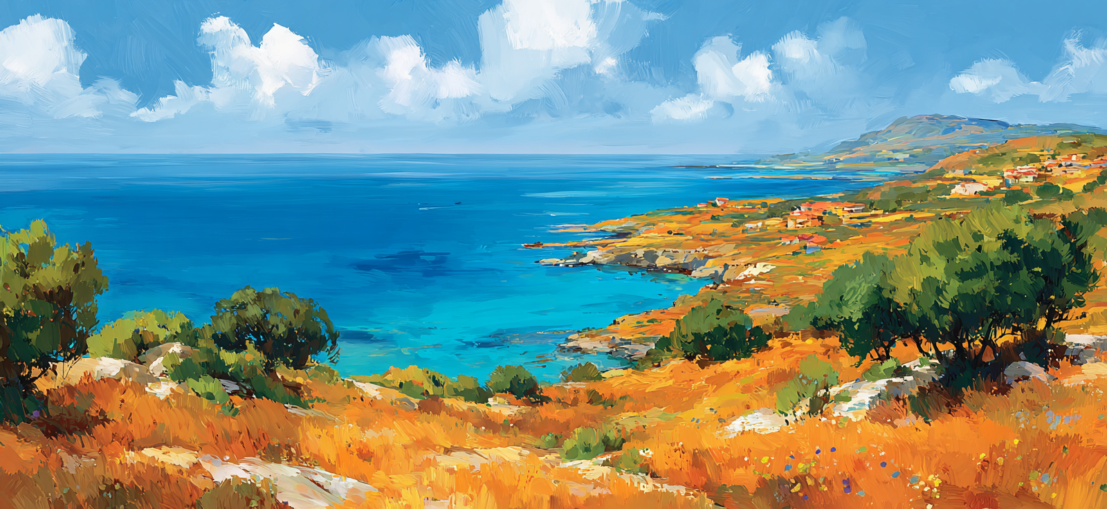 Vibrante Impressionistische Küstenlandschaft Mit Grünem Horizont Und Blaüm Meer | Sommer | Jahreszeiten