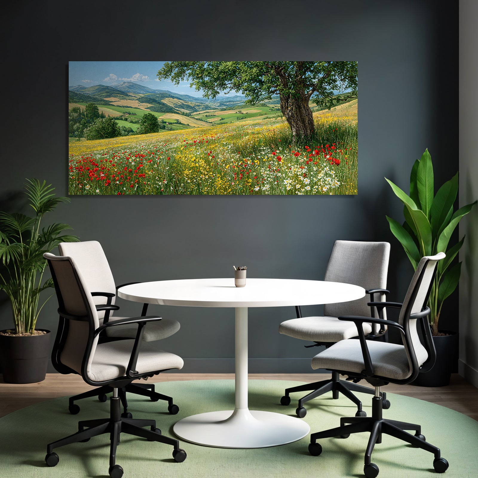 Vibrante Landschaft Mit Bäumen Blumen Und Hügeln