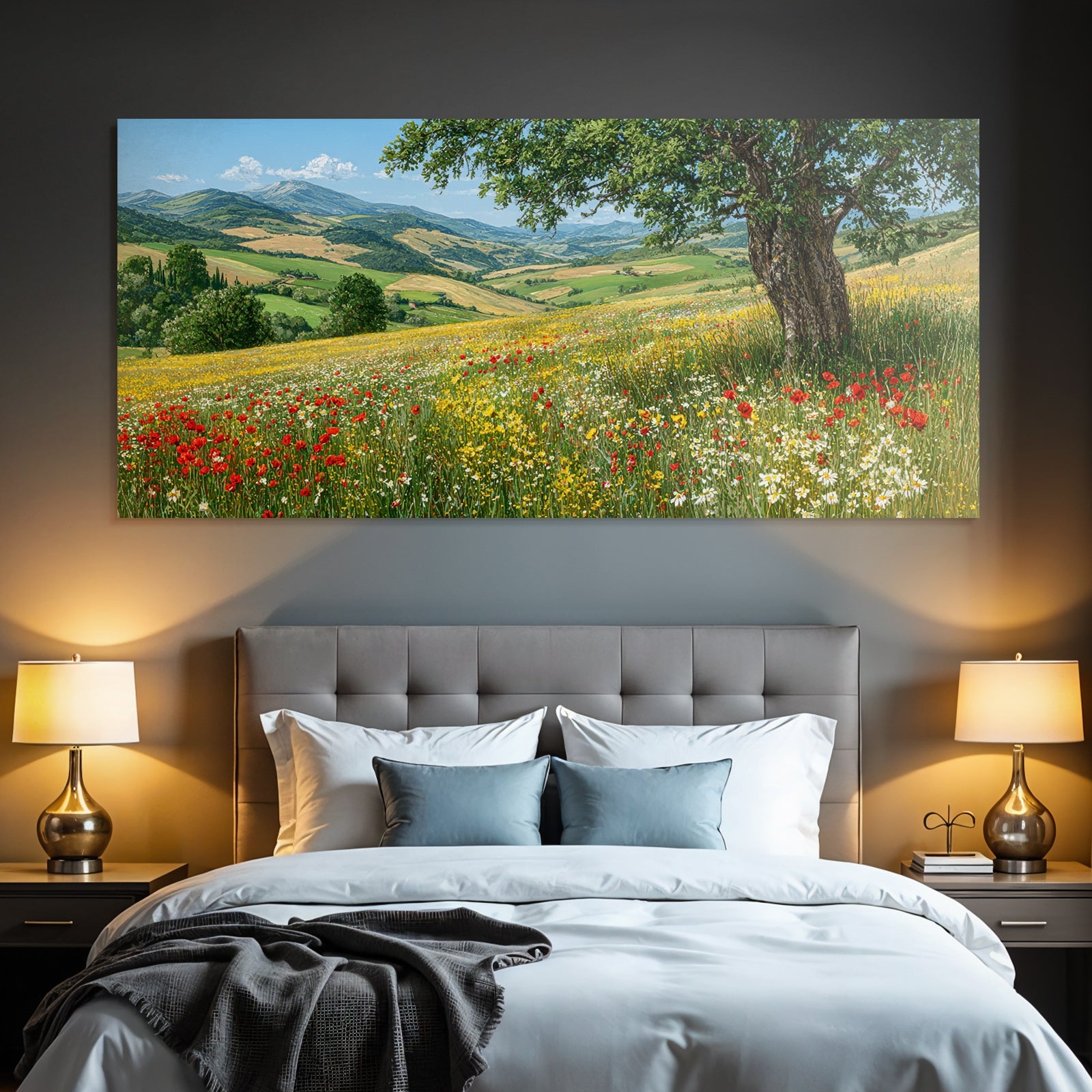 Vibrante Landschaft Mit Bäumen Blumen Und Hügeln
