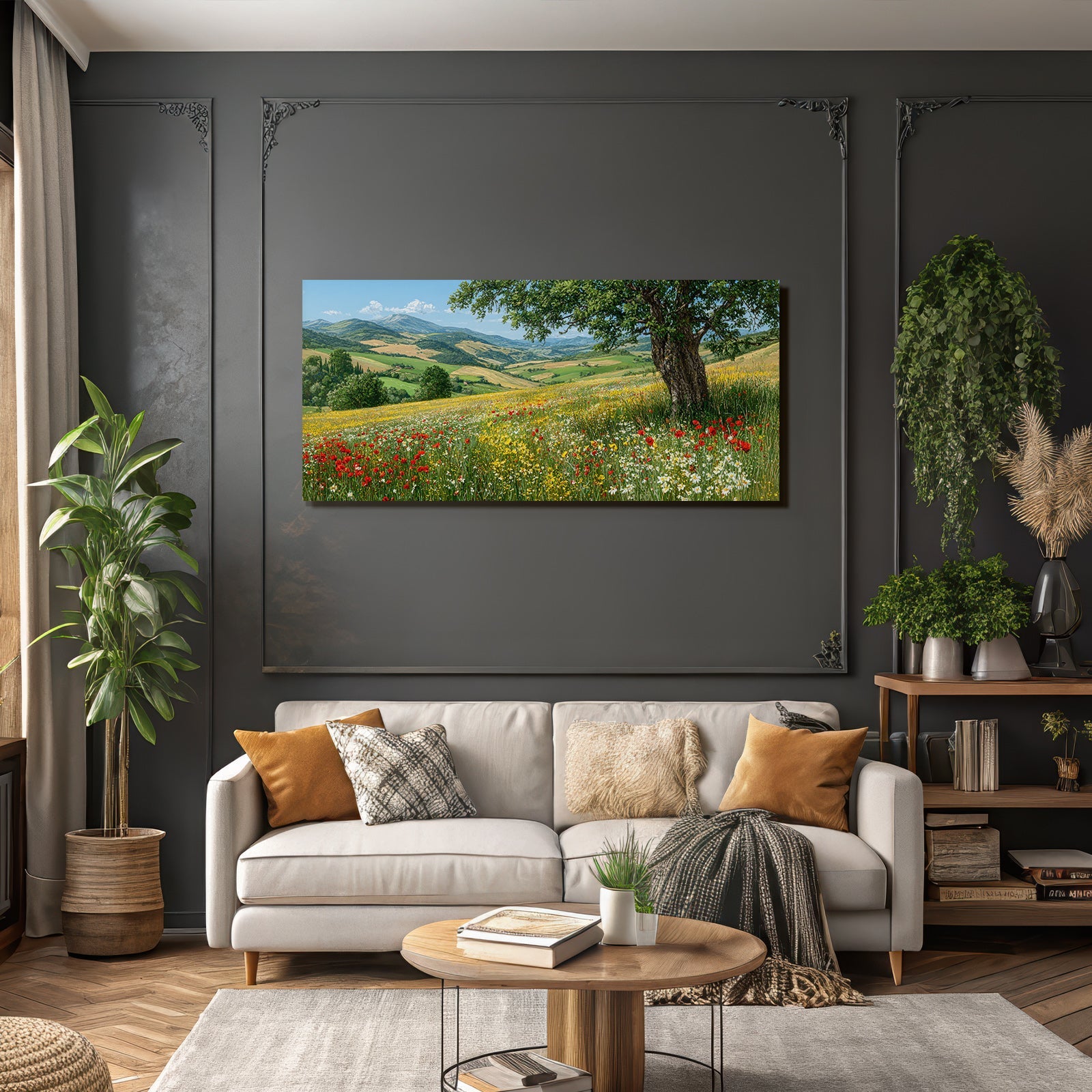 Vibrante Landschaft Mit Bäumen Blumen Und Hügeln