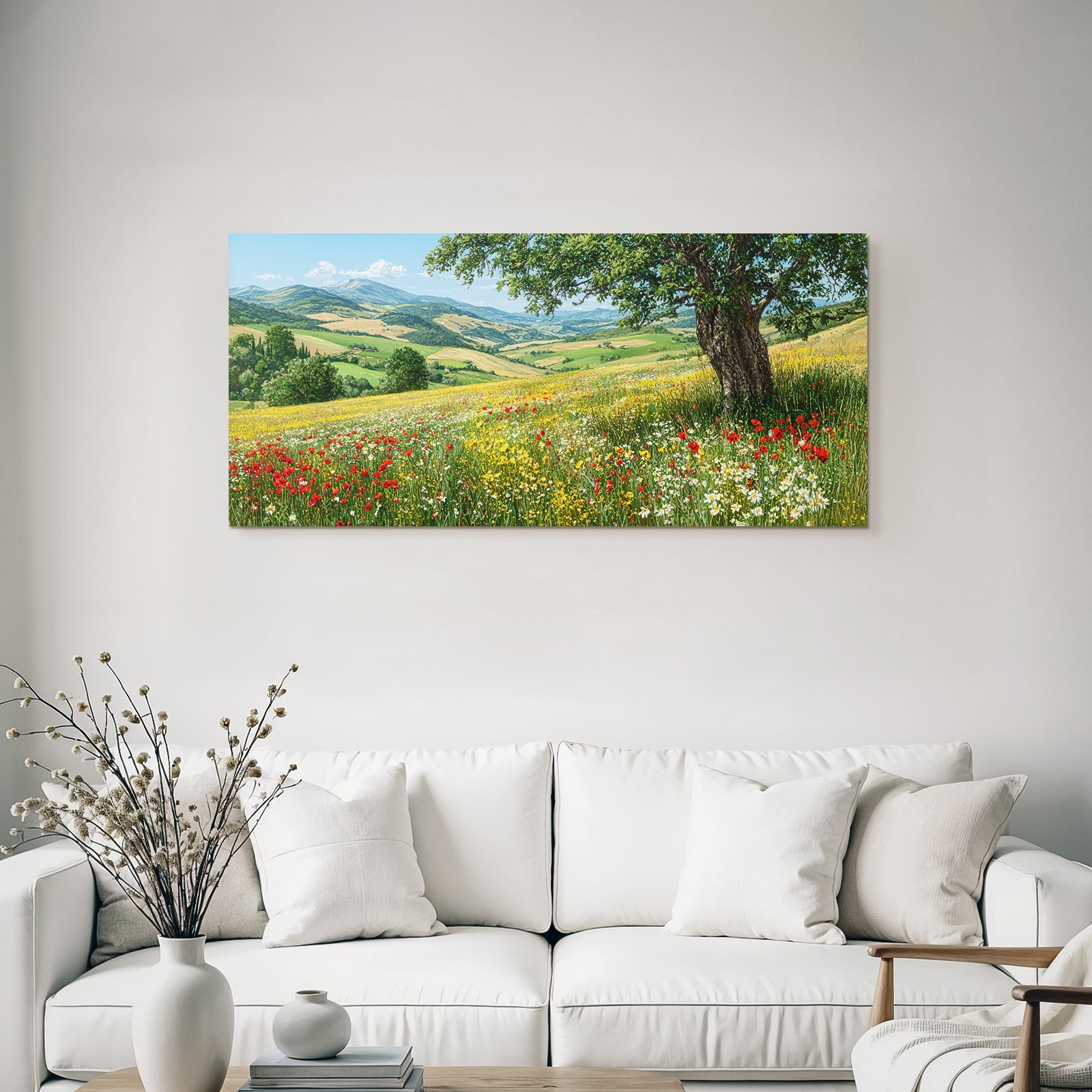 Vibrante Landschaft Mit Bäumen Blumen Und Hügeln