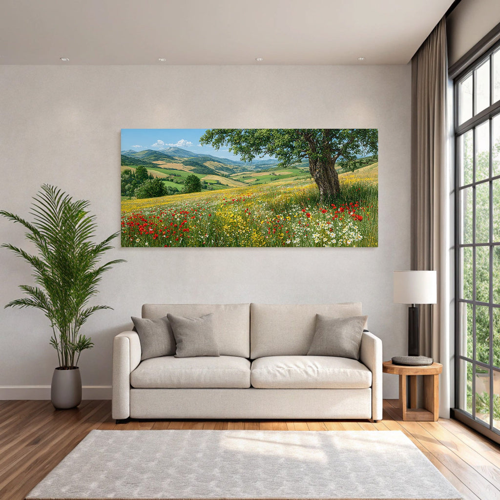 Vibrante Landschaft Mit Bäumen Blumen Und Hügeln