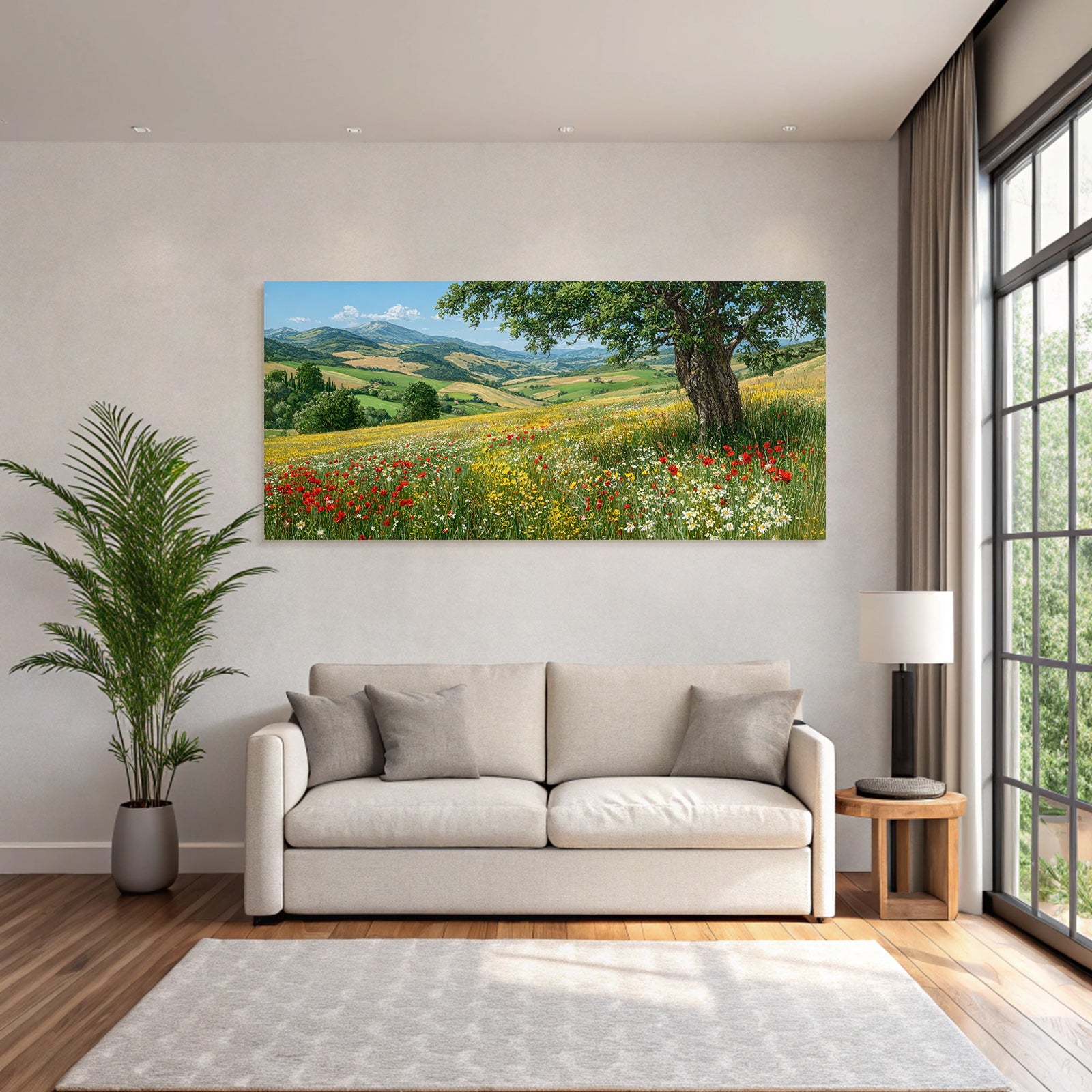 Vibrante Landschaft Mit Bäumen Blumen Und Hügeln