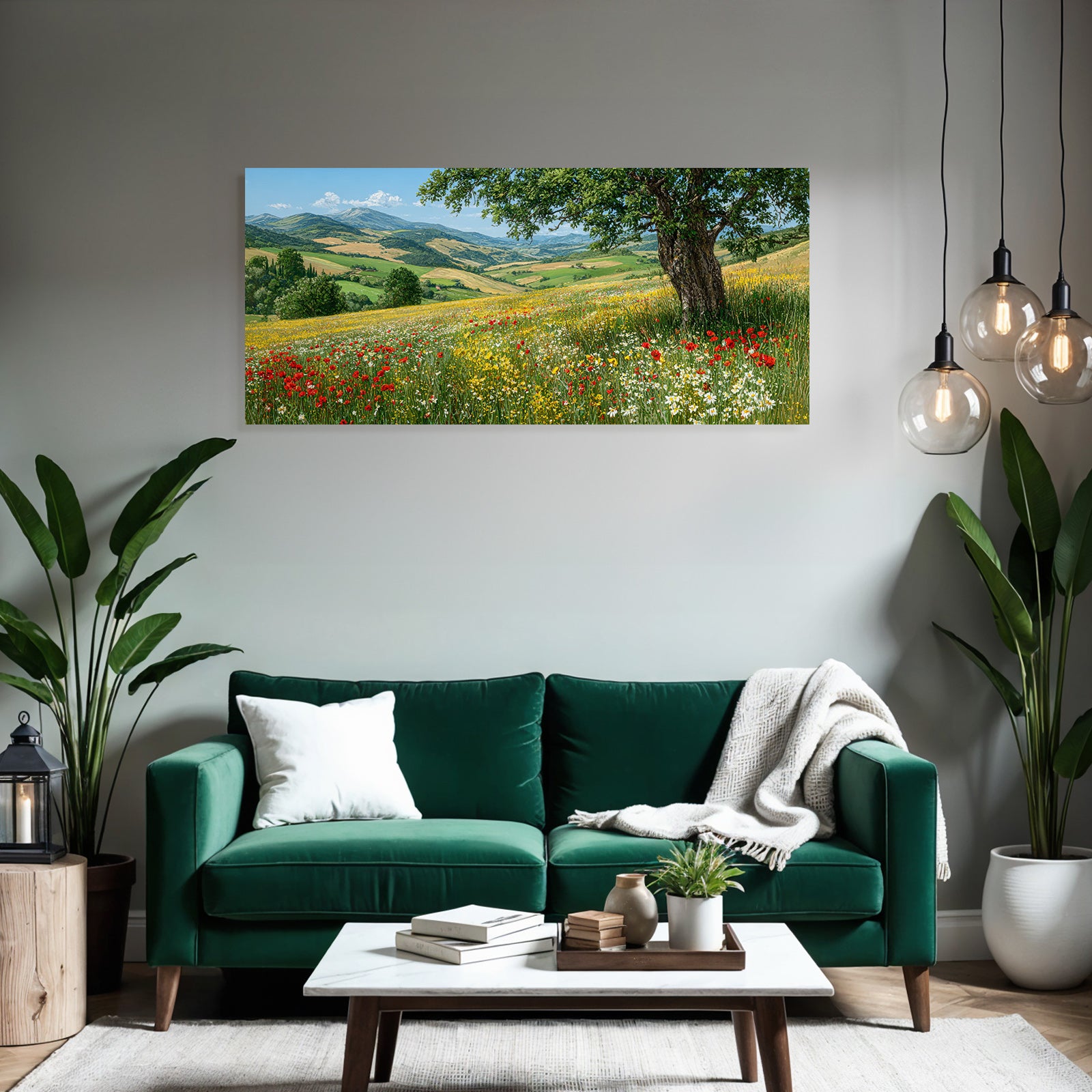 Vibrante Landschaft Mit Bäumen Blumen Und Hügeln