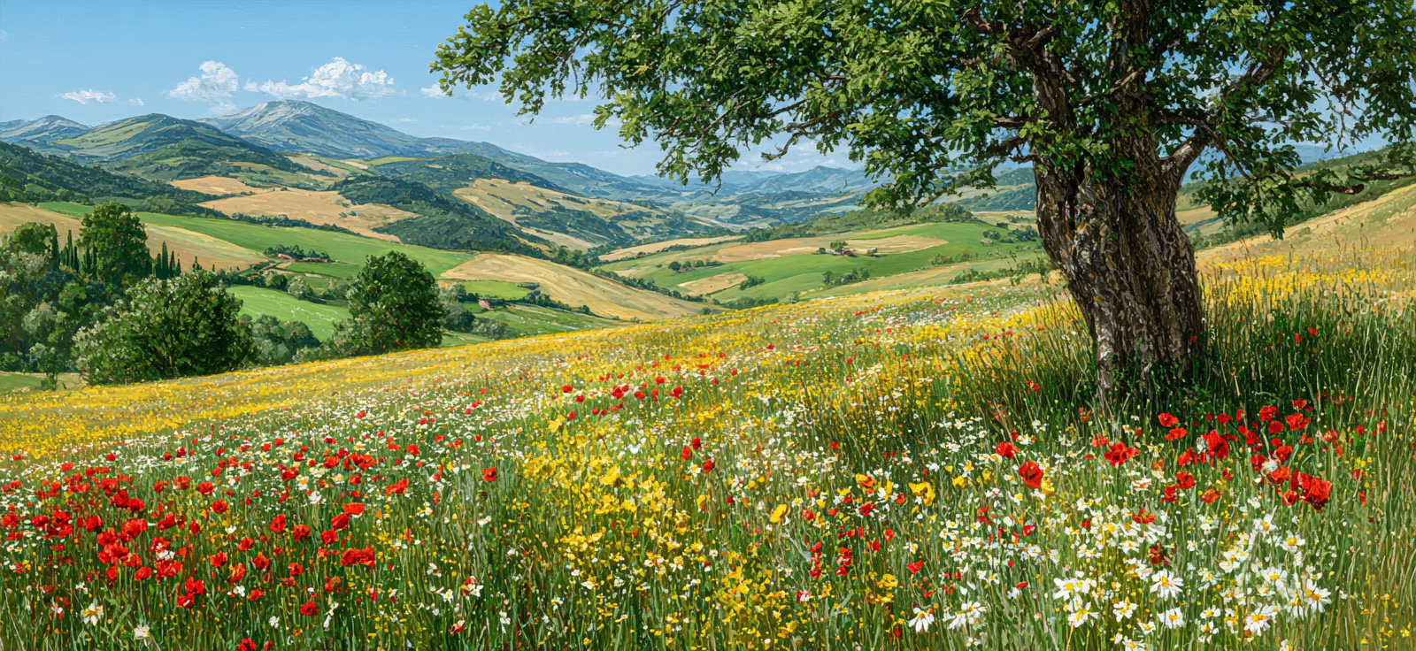Vibrante Landschaft Mit Bäumen Blumen Und Hügeln | Sommer | Jahreszeiten