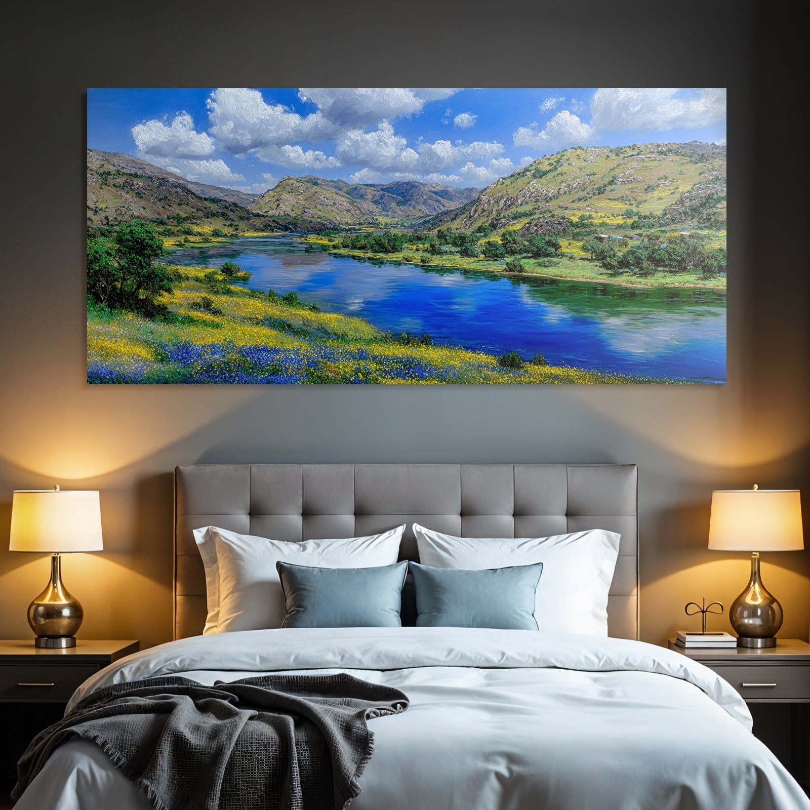 Vibrante Landschaft Mit Fluss Hügel Und Wildblumen