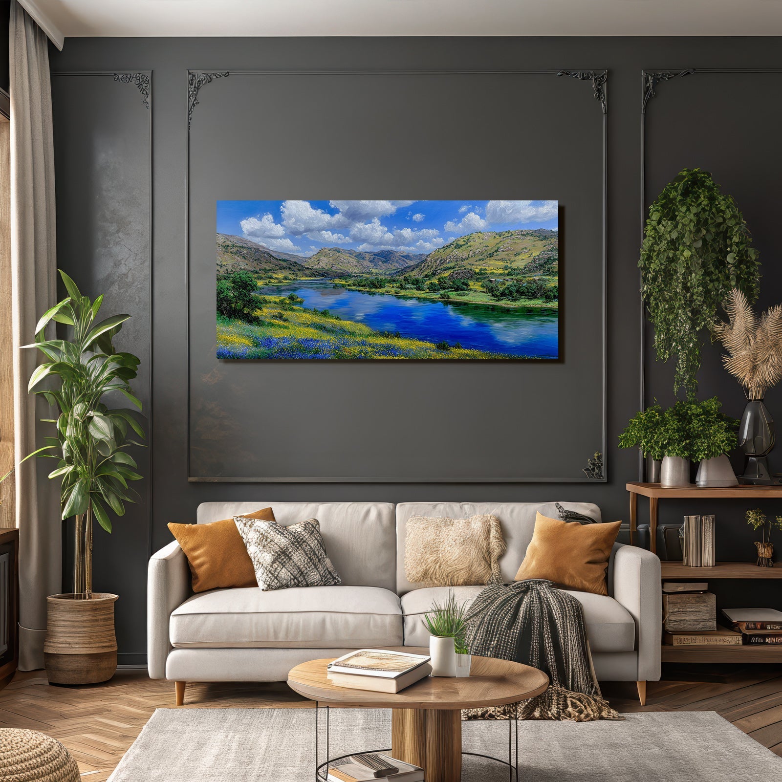 Vibrante Landschaft Mit Fluss Hügel Und Wildblumen