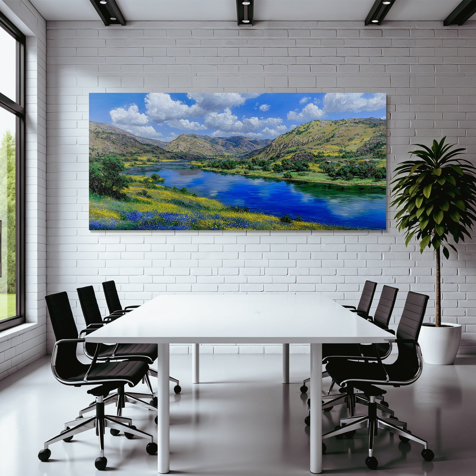 Vibrante Landschaft Mit Fluss Hügel Und Wildblumen