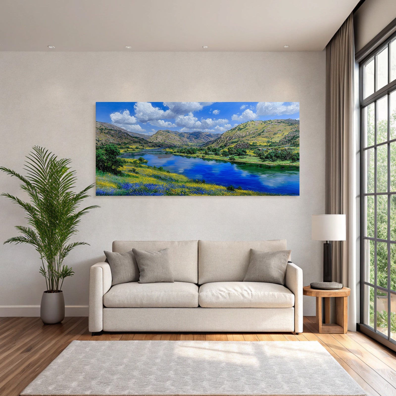 Vibrante Landschaft Mit Fluss Hügel Und Wildblumen