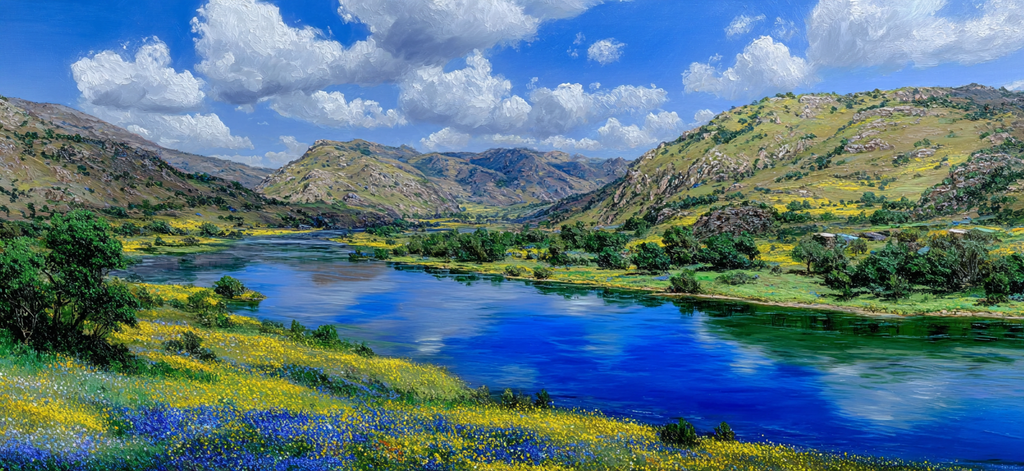 Vibrante Landschaft Mit Fluss Hügel Und Wildblumen | Sommer | Jahreszeiten