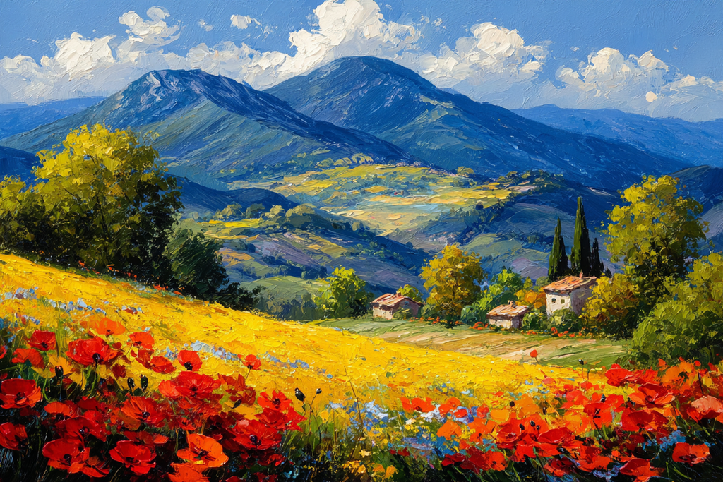 Vibrante Landschaft Mit Roten Mohnblumen Und Häusern | Sommer | Jahreszeiten