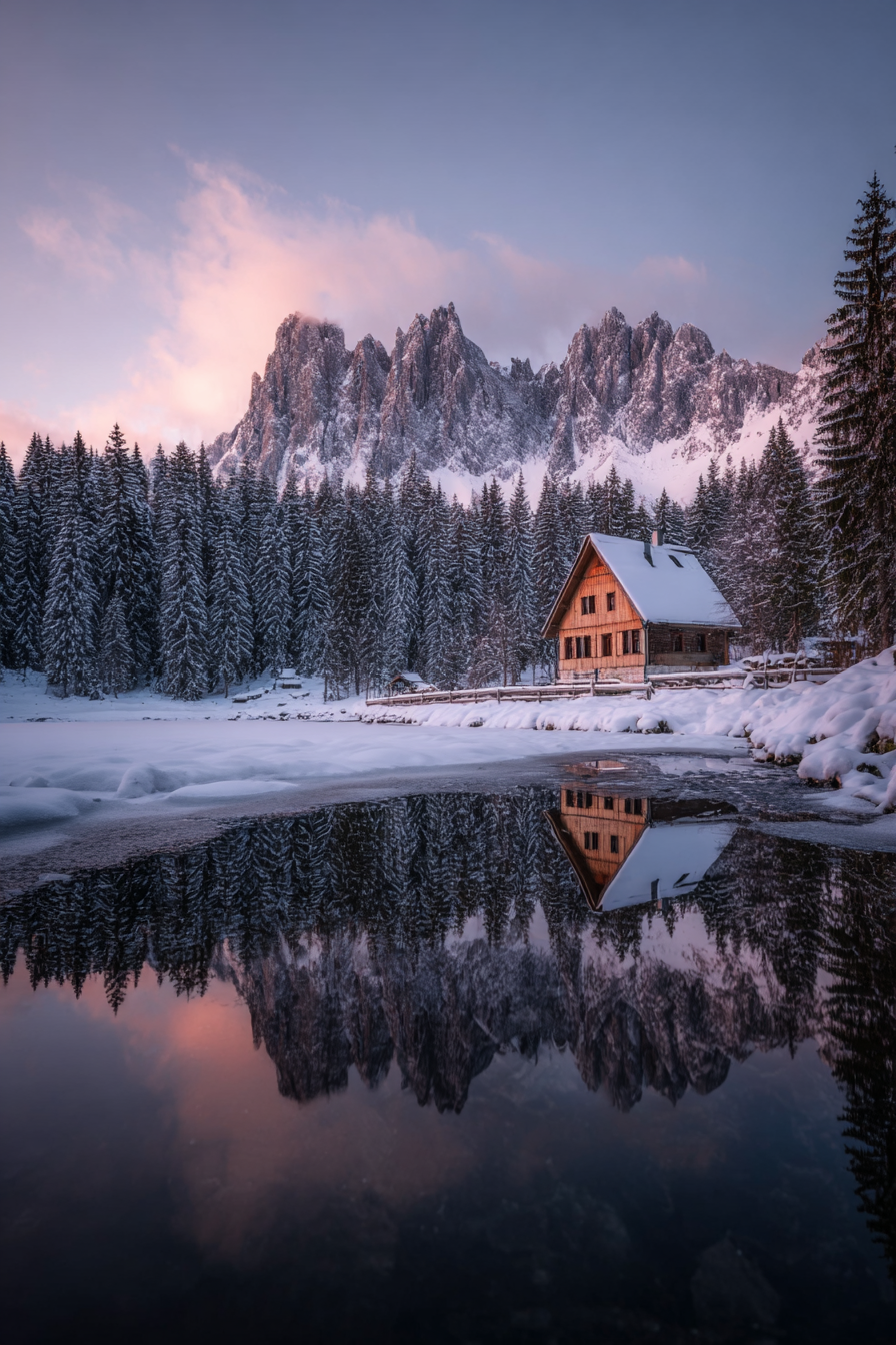 Friedliche Landschaft Holzhütte Am Gefrorenen See | Winter | Jahreszeiten
