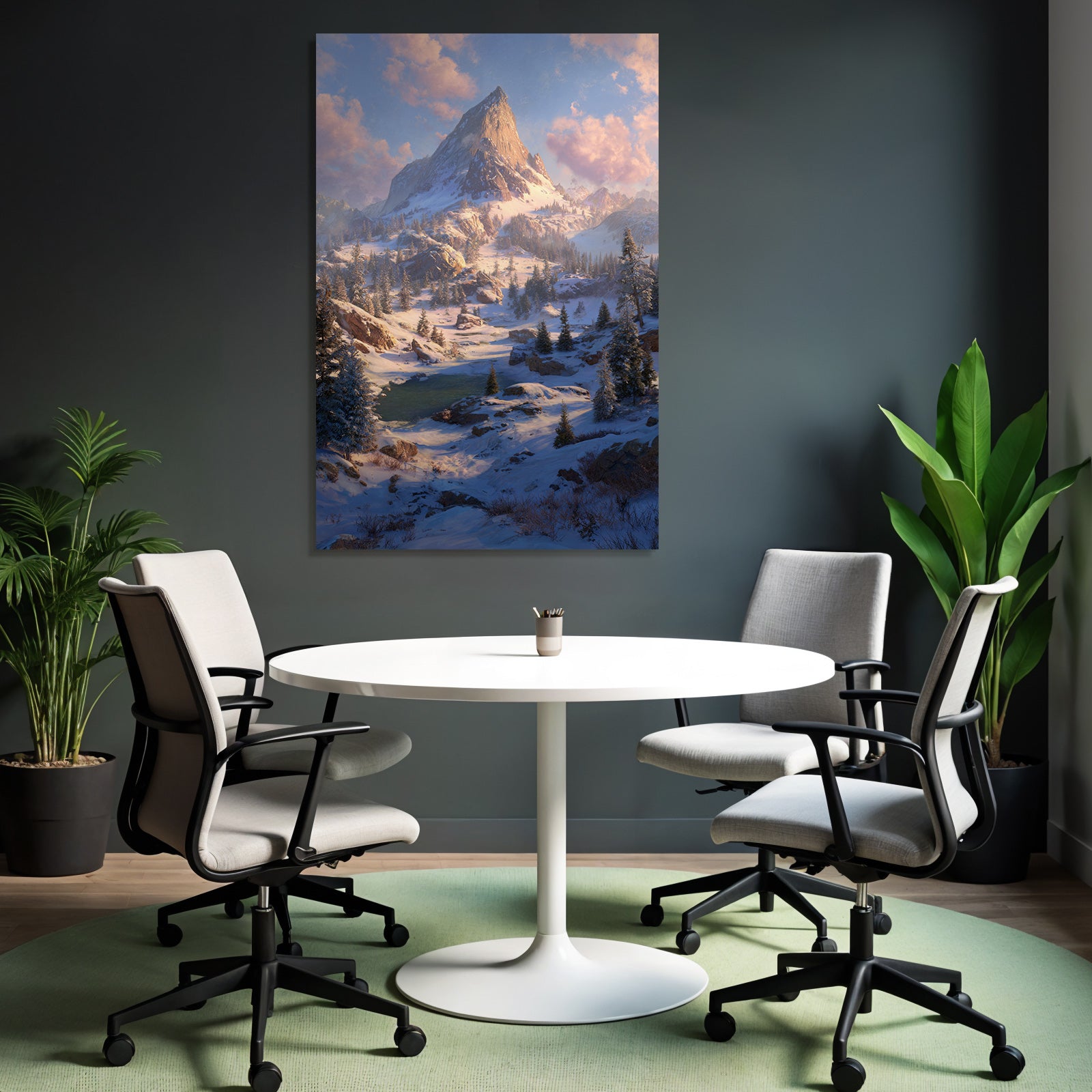 Friedliche Landschaft Mit Schneebedecktem Berg Fluss Und Verfrosteten Bäumen