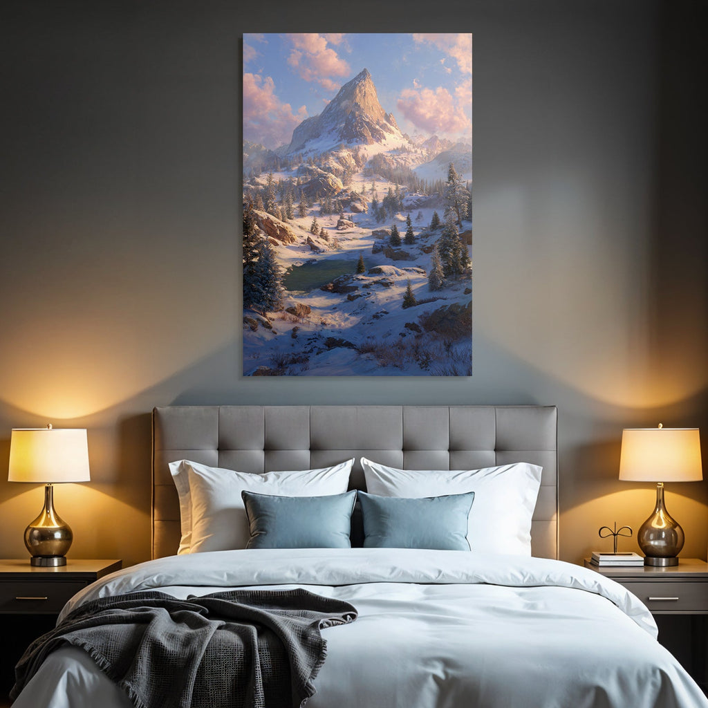 Friedliche Landschaft Mit Schneebedecktem Berg Fluss Und Verfrosteten Bäumen