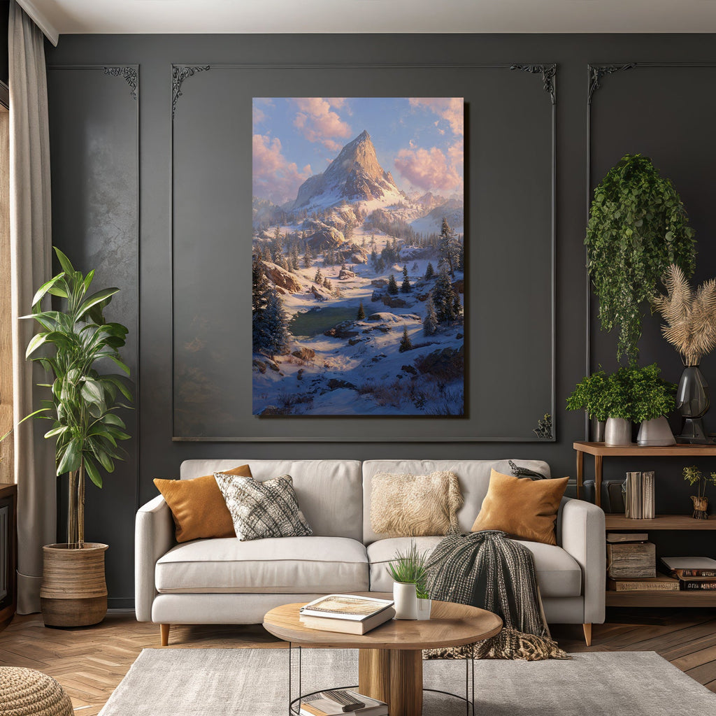 Friedliche Landschaft Mit Schneebedecktem Berg Fluss Und Verfrosteten Bäumen
