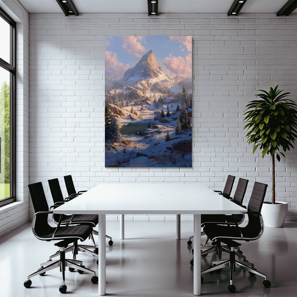 Friedliche Landschaft Mit Schneebedecktem Berg Fluss Und Verfrosteten Bäumen