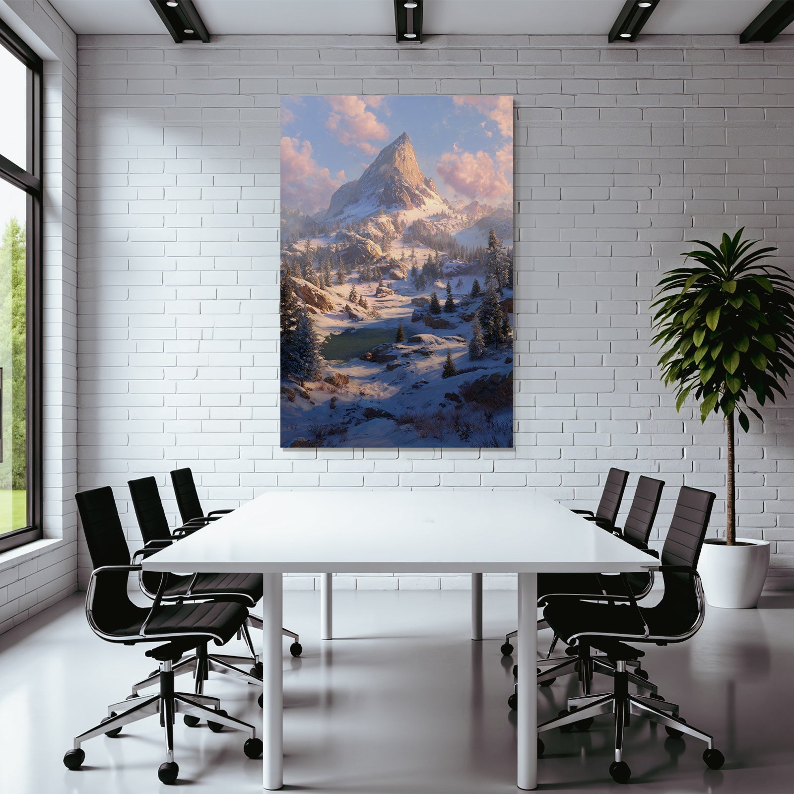 Friedliche Landschaft Mit Schneebedecktem Berg Fluss Und Verfrosteten Bäumen