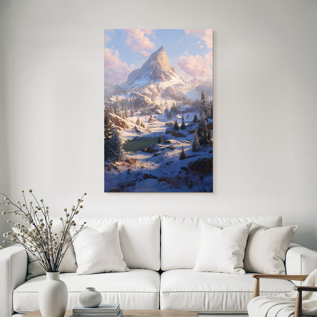 Friedliche Landschaft Mit Schneebedecktem Berg Fluss Und Verfrosteten Bäumen