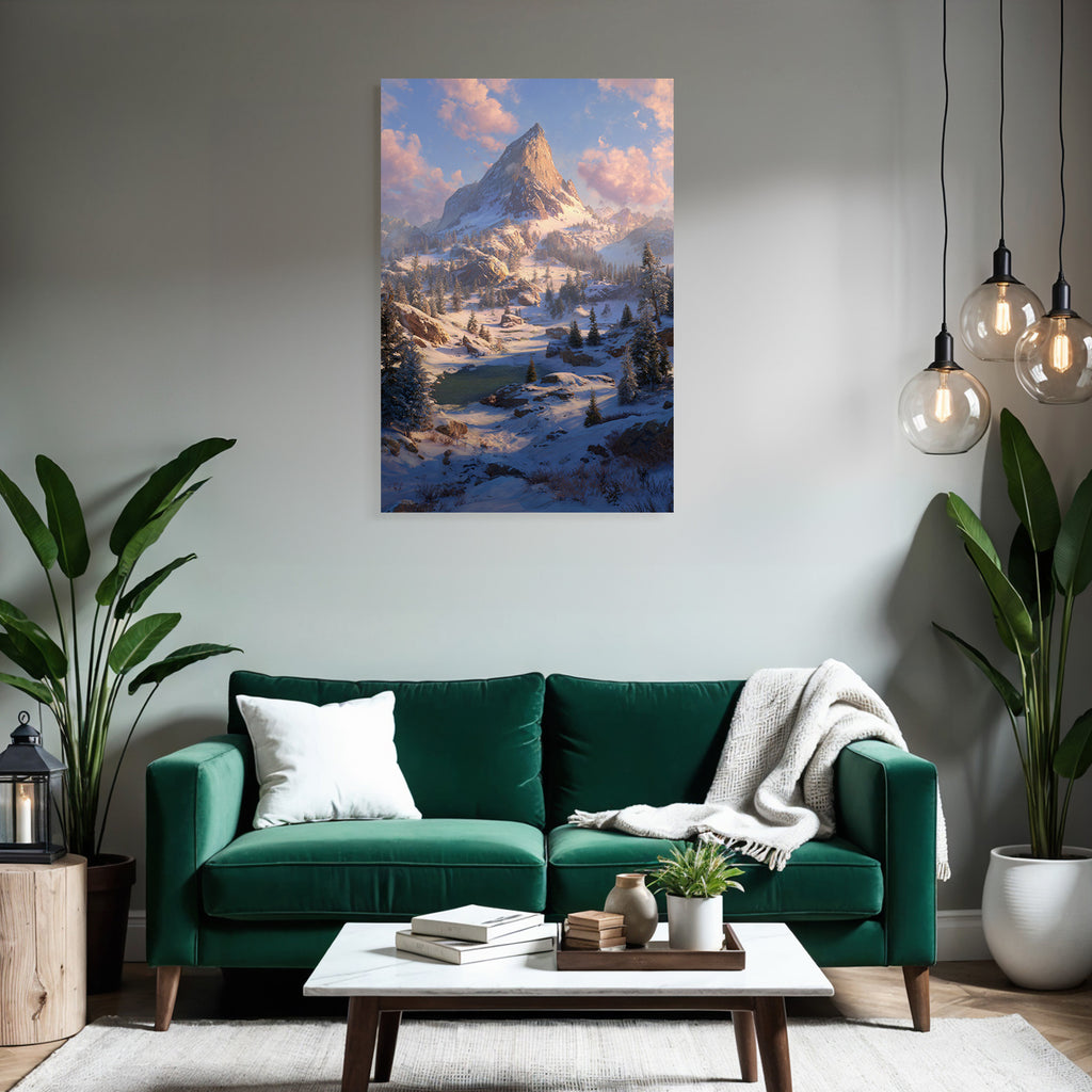 Friedliche Landschaft Mit Schneebedecktem Berg Fluss Und Verfrosteten Bäumen