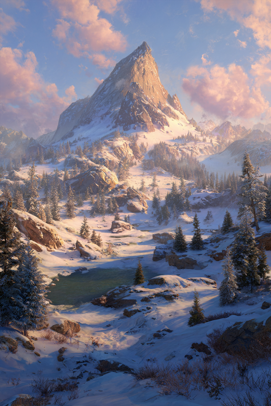 Friedliche Landschaft Mit Schneebedecktem Berg Fluss Und Verfrosteten Bäumen | Winter | Jahreszeiten