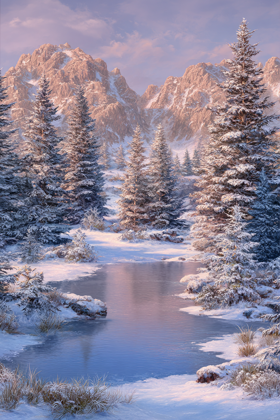 Friedliche Landschaft Schneebedeckte Berge Und Bäume | Winter | Jahreszeiten